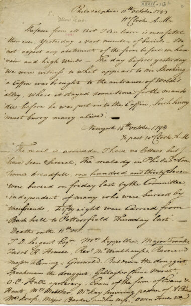 “Account of the yellow fever outbreak in Philadelphia, October 11-14, 1793” (1793)