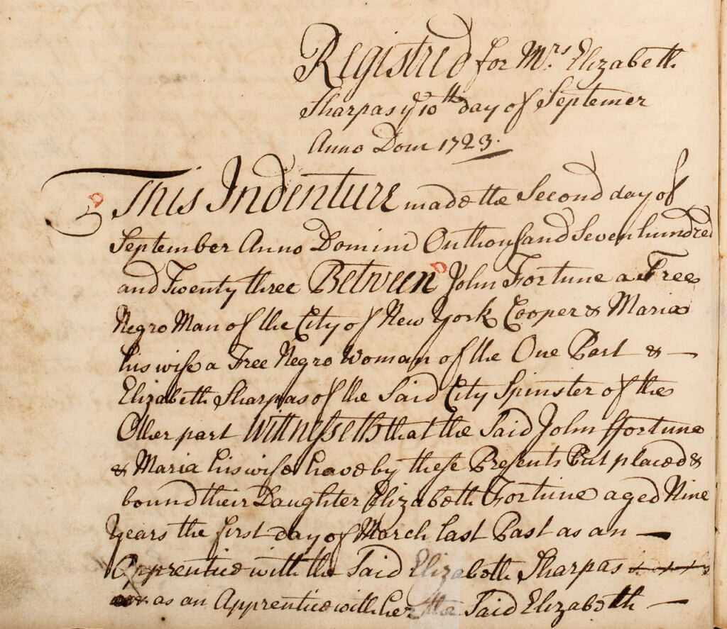 Contract for the Indenture of Elizabeth Fortune, Aged 9, 1723