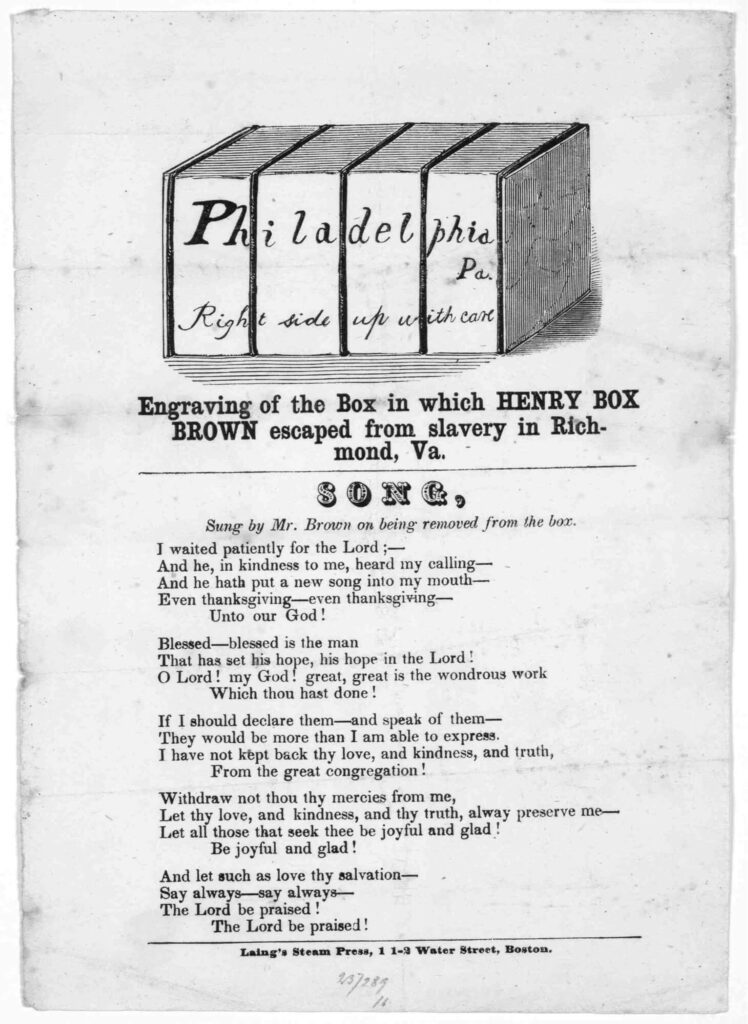 Engraving of the Box in which Henry Box Brown Escaped from Slavery (1850)