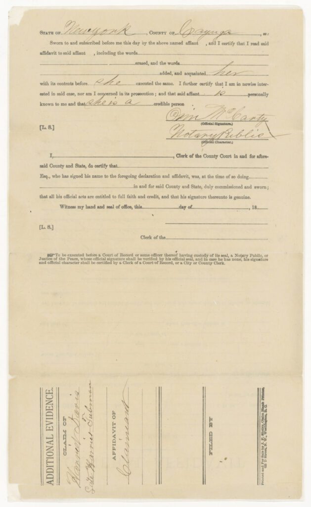 General Affidavit of Harriet Tubman Davis regarding payment for services rendered during the Civil War (1898)