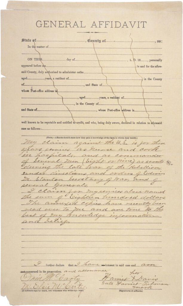 General Affidavit of Harriet Tubman Davis regarding payment for services rendered during the Civil War (1898)