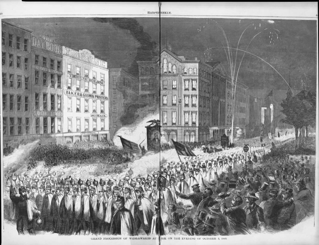 Grand procession of Wide-Awakes at New York on the evening of October 3, .Republican Wide Awakes in N.Y. - Lincoln-Hamlin Campaign Printing-House Square Park Row and Nassau St. , 1860