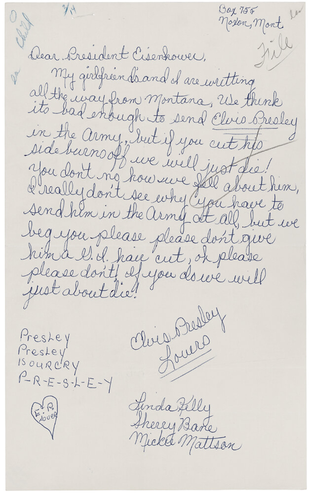 Letter from Linda Kelly, Sherry Bane, and Mickie Mattson to President Dwight D. Eisenhower Regarding Elvis Presley, 1953-1961
