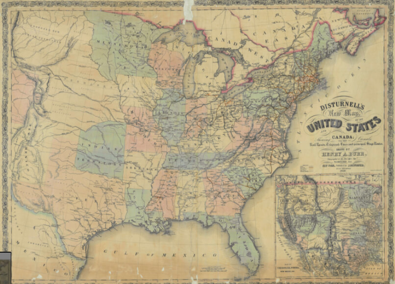 New Map of the United States and Canada Showing all the Canals, Railroads, Telegraph Lines, and Principal Stage Roads (1850)