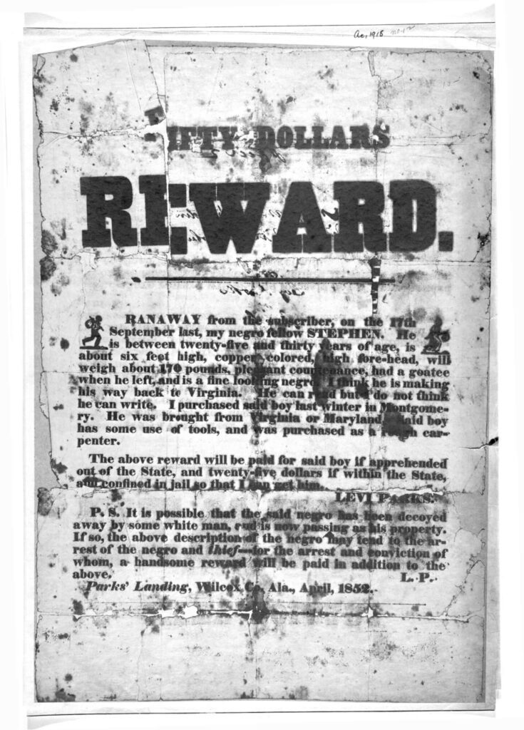 Poster Offering Fifty Dollars Reward for the Capture of a Runaway Slave Stephen (1852)