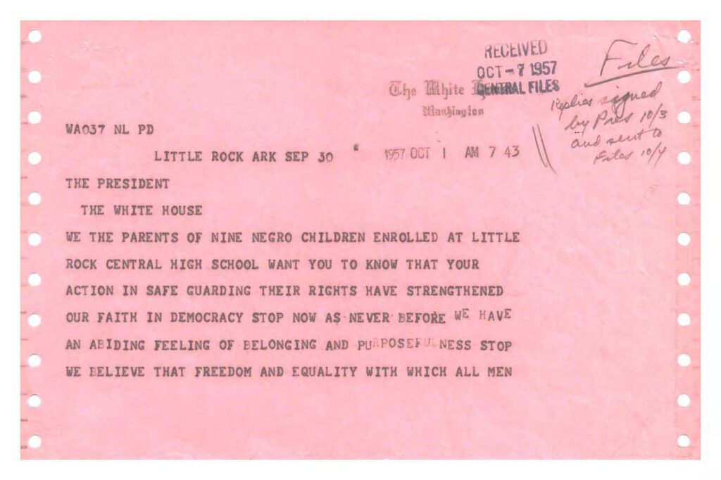 Telegram from Parents of the Little Rock Nine to President Dwight D. Eisenhower, 1957-58